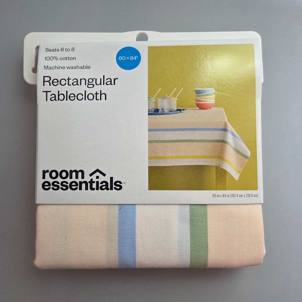 Room Essentials Rectangular Tablecloth 60x84 Cotton Pastel Stripe‎ Seats 6-8 NEW